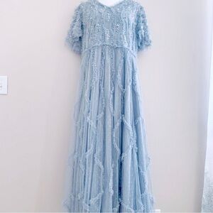 Ivy City Co Lilac/Gray Floral Beaded Ruffled Swiss Dot Maxi Tulle Dress.